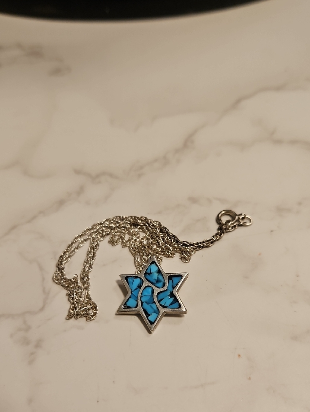 Sterling Silver Star Of David Pendant Necklace On Sterling Chain Inlaid Stone